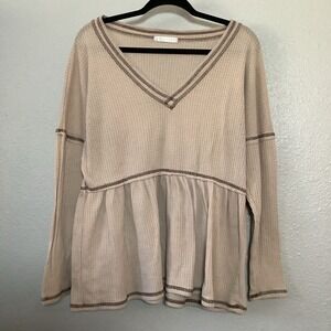 Tan Waffle Knit Ruffle Patchwork Boho Mori Girl Earthy Top 2X Autumn Fall Casual